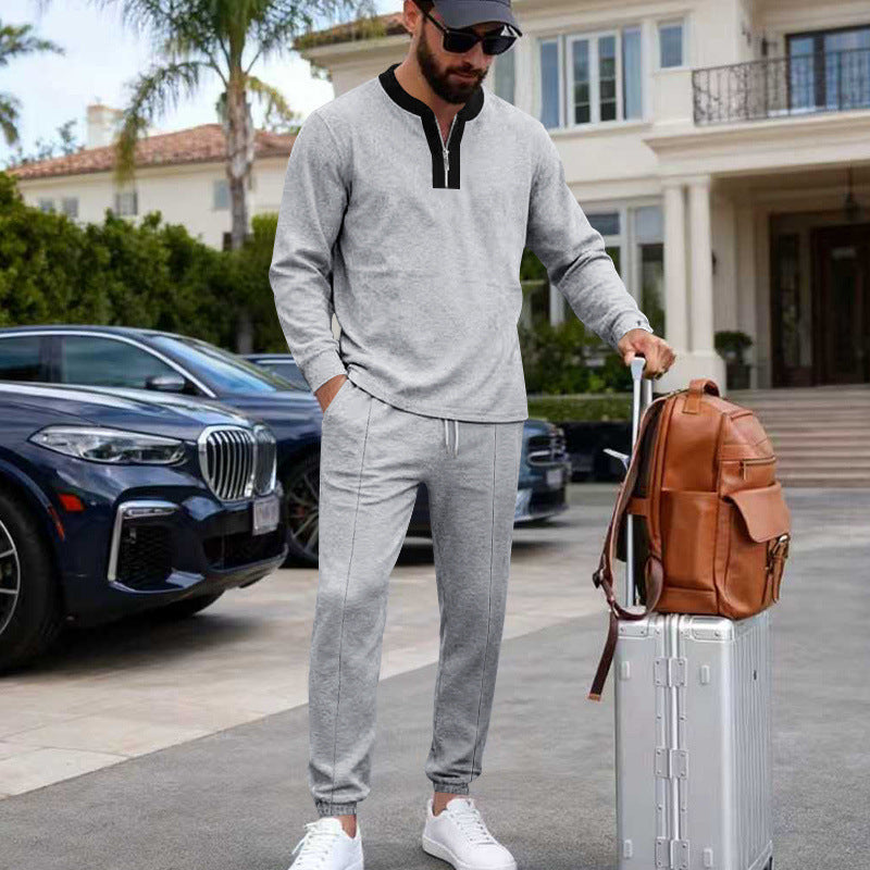 Herren Leichtes Henley-Loungewear-Set mit Kontrastkragen, Tunnelzug-Jogger und elastischen Bündchen – Marzano