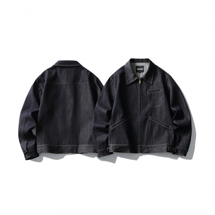 Herren Boxy-Denimjacke im Worker-Stil mit durchgehendem Reißverschluss und Brusttasche Echo Archiv
