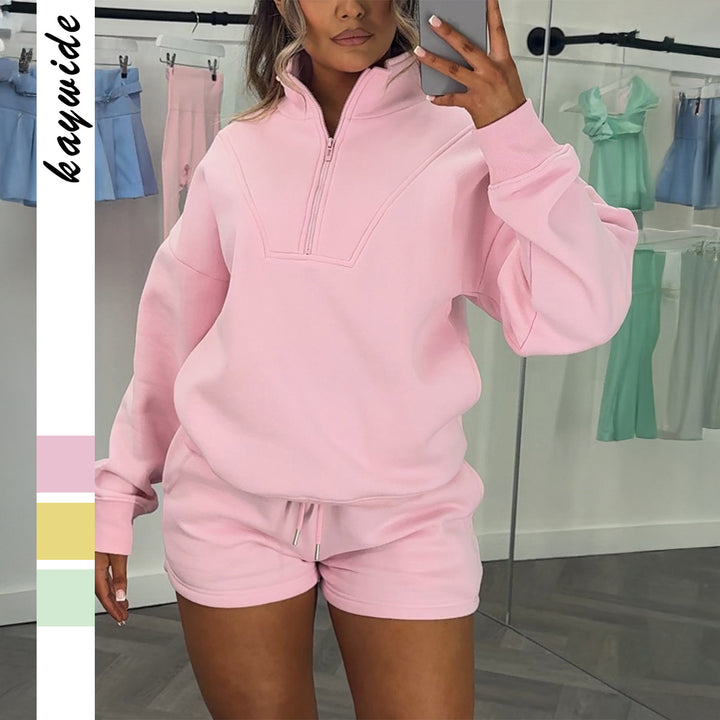 Damen nan lässiges Sweatshirt-Set mit halbem Reißverschluss, Kängurutasche und High-Waist-Shorts Echo Archiv