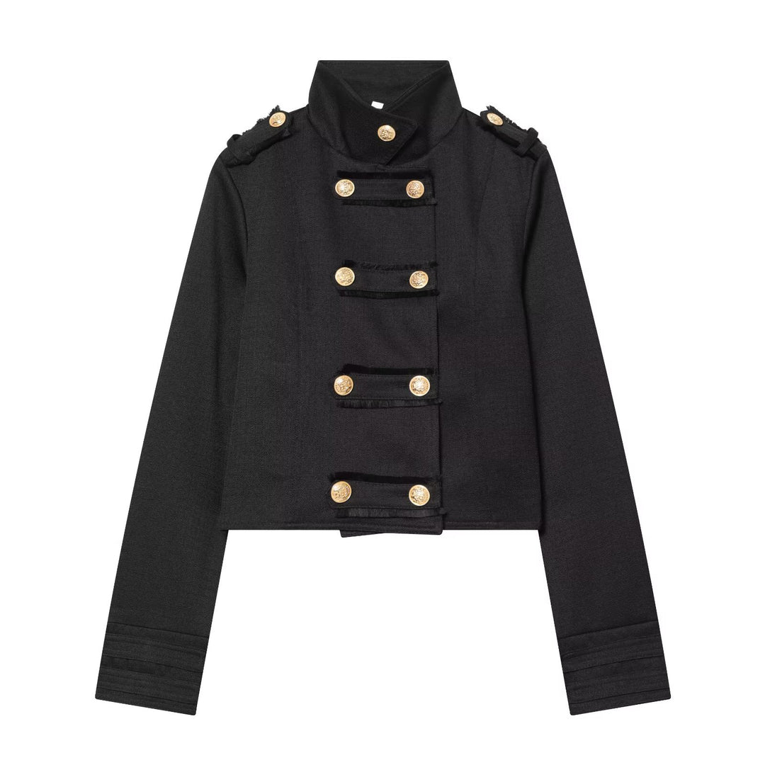 Damen Cropped Uniformjacke im Militärstil mit Stehkragen und Zierknopfleiste Echo Archiv
