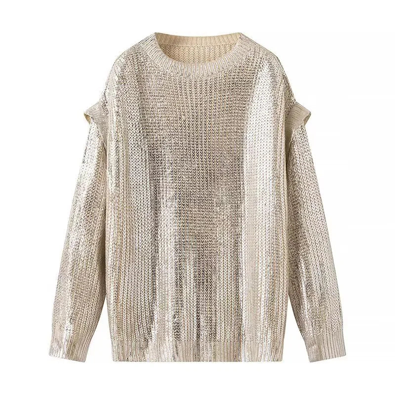 Damen nan leicht glänzender Grobstrick-Pullover mit Cut-Out-Schultern und Rundhalsausschnitt Echo Archiv
