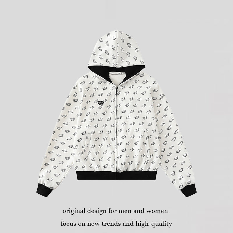 Damen Kapuzensweatjacke mit Allover‑Flügelmotiv, durchgehendem Reißverschluss und kontrastierenden Bündchen Echoarchiv
