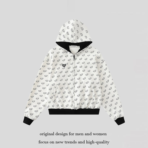 Damen Kapuzensweatjacke mit Allover‑Flügelmotiv, durchgehendem Reißverschluss und kontrastierenden Bündchen Echoarchiv