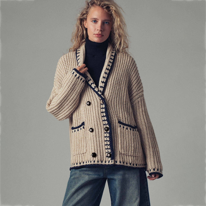 Damen Grobstrick-Cardigan mit Schalkragen, Zierstreifen & aufgesetzten Taschen – Veloura