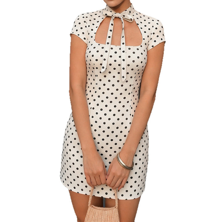 Damen Polka-Dots Minikleid mit modernem Kragen und verspieltem Schleifendetail Echo Archiv