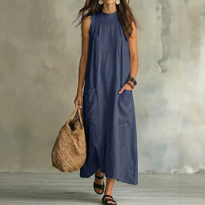 Damen nan ärmelloses Leinen-Maxikleid mit Stehkragen, Brustfalten und aufgesetzten Taschen Echo Archiv