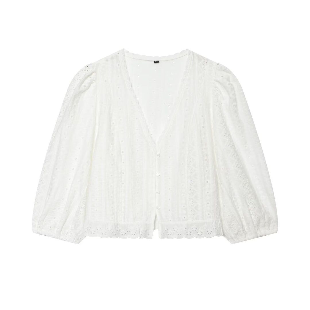 Damen Baumwoll-Spitzen-Cardigan mit V‑Ausschnitt, Knopfleiste und Ballonärmeln Echo Archiv