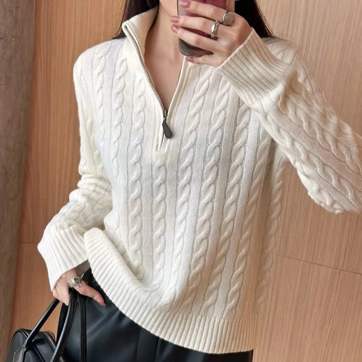 Herren eleganter Strickpullover mit halbem Reißverschluss und Zopfstrickmuster Echoarchiv