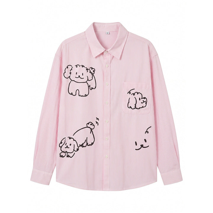 Damen Gestreifte Oversize-Hemdbluse mit Hundedoodle-Prints und Brusttasche Echoarchiv