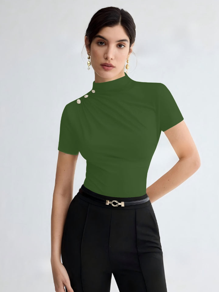 Damen elegantes Oberteil mit dekorativen Knopfdetails und modernem Stehkragen Echo Archiv