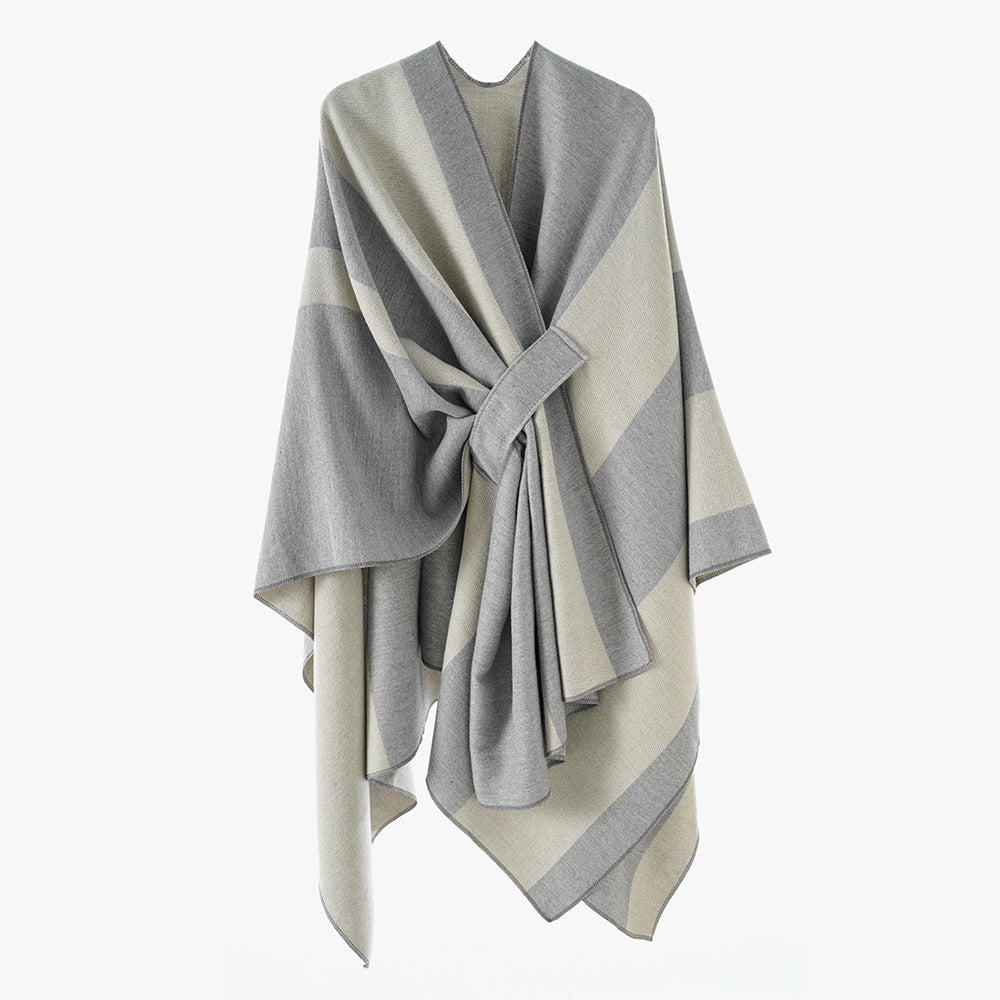 Damen Wickel‑Cape mit breitem Streifenmuster und Bindegürtel – Avérine