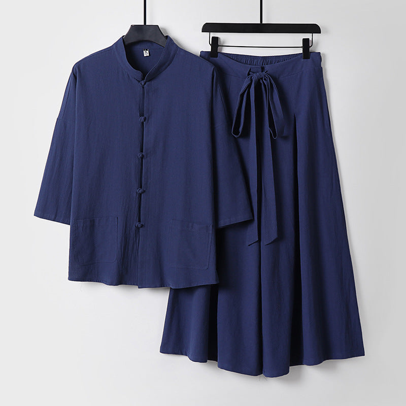 Damen Zweiteiliges Leichtes Lounge-Set mit Stehkragen, Kurzarm-Jacke und weitem Palazzo-Hosenrock Echoarchiv