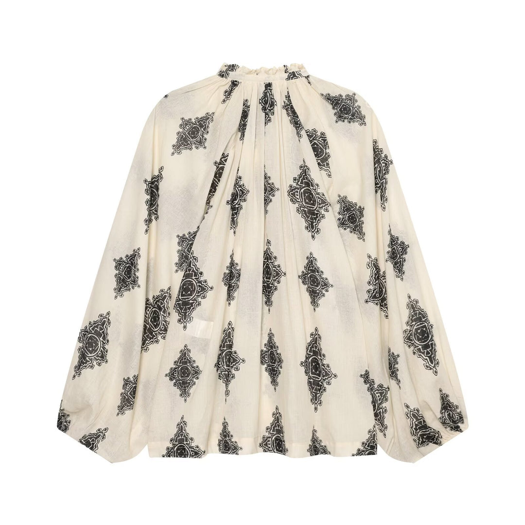Damen Weite Boho-Bluse mit Rüschkragen, Tunnelzug und Ballonärmeln Echo Archiv