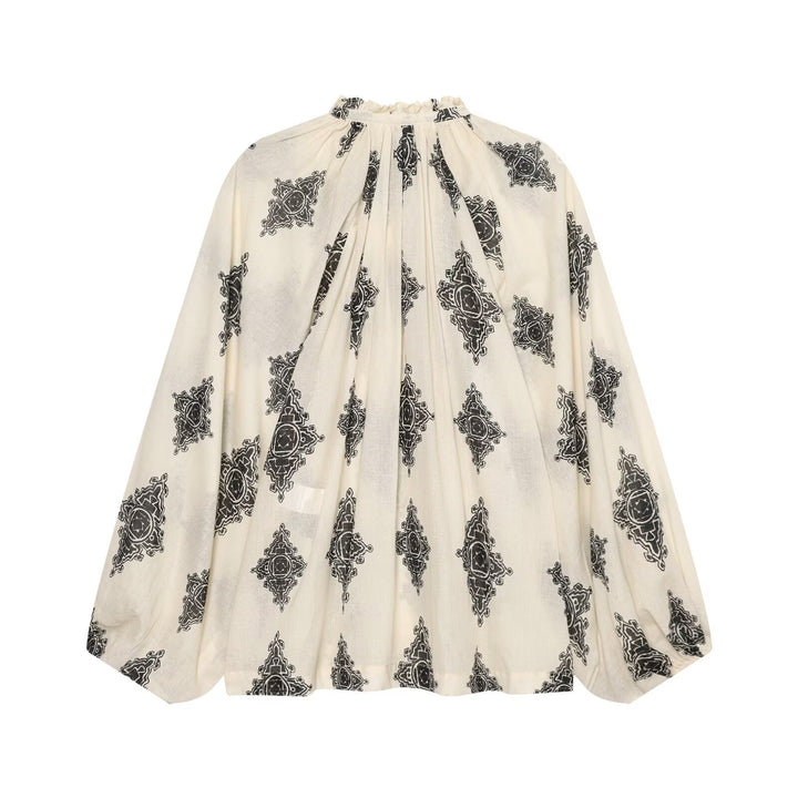 Damen Weite Boho-Bluse mit Rüschkragen, Tunnelzug und Ballonärmeln Echo Archiv
