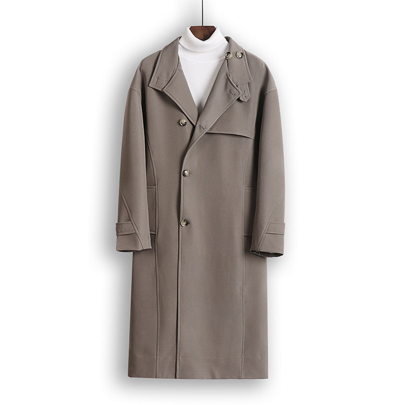 Herren Langgeschnittener Minimalistischer Trenchcoat mit Schalkragen und verstellbaren Ärmelriemen Echoarchiv