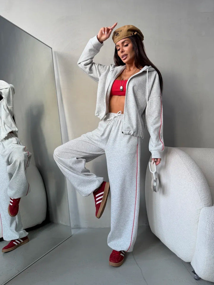 Damen Lässiges Zweiteiliges Sweatset mit Kapuzenjacke und weitem Bundfalten Jogginghose – Élanora