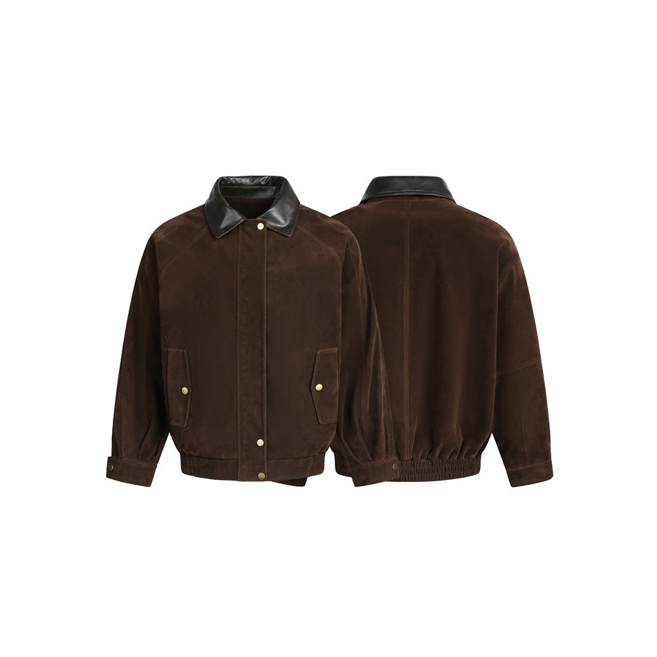 Herren Boxy Veloursleder-Blouson mit kontrastierendem Lederkragen und Druckknopf-Pattentaschen Echoarchiv