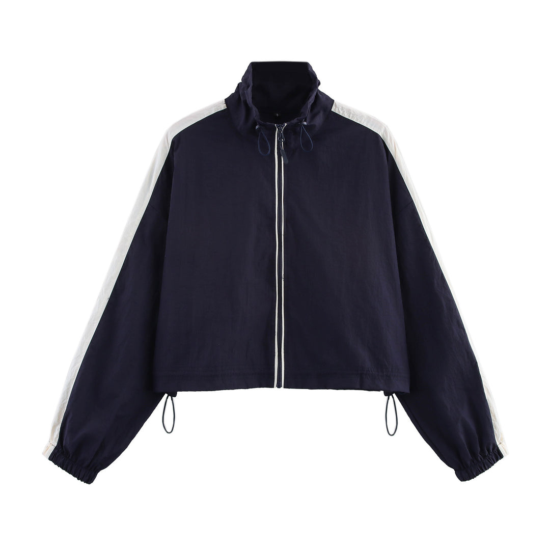 Damen Cropped Windbreaker-Jacke mit hohem Kragen, Tunnelzug und Kontraststreifen Echoarchiv
