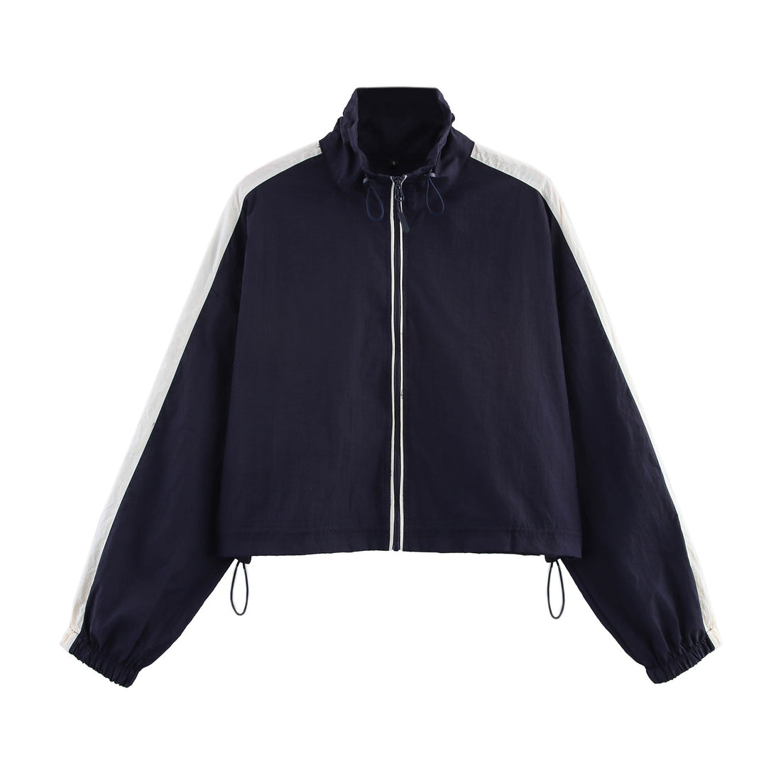 Damen Cropped Windbreaker-Jacke mit hohem Kragen, Tunnelzug und Kontraststreifen Echoarchiv
