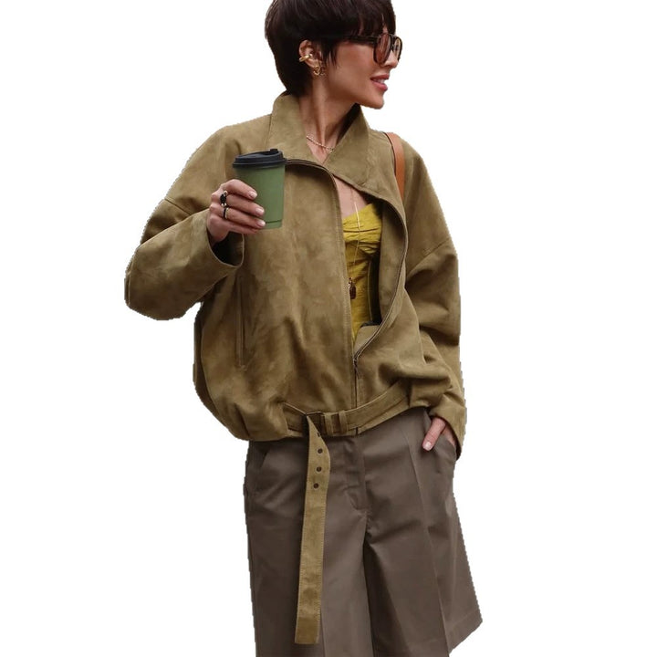 Damen Oversized Veloursleder-Bomberjacke mit taillierendem Bindegürtel und asymmetrischem Reißverschluss Echoarchiv