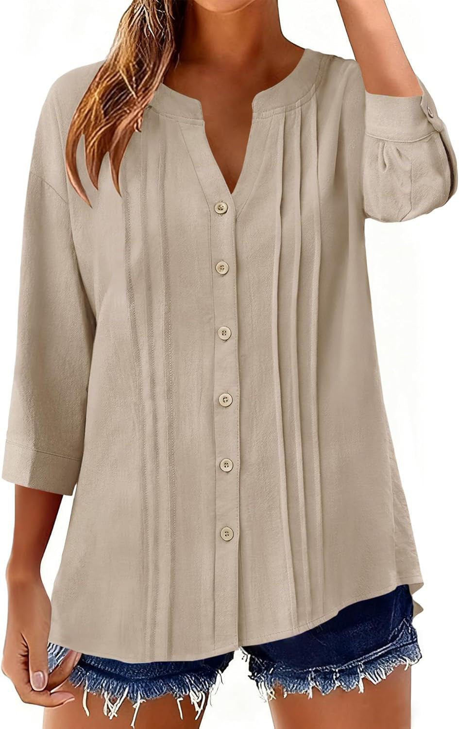 Damen Lockeres Tunikashirt mit Kellerfalten und dreiviertel Ärmeln Echo Archiv