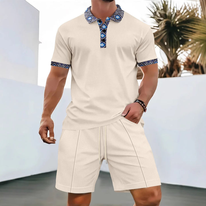 Herren lässiges Polo-T-Shirt mit einzigartigem Kragen und Shorts-Set Echoarchiv