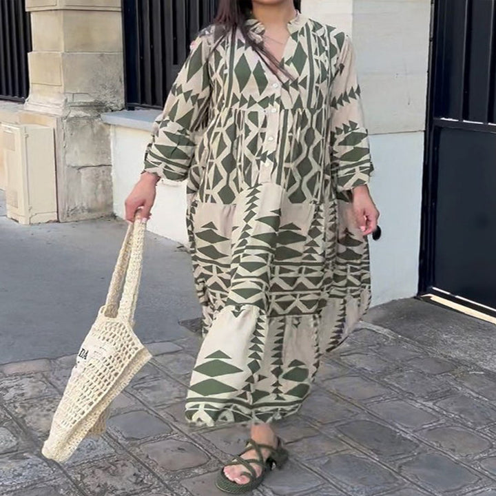 Damen Lockeres Maxikleid im Boho‑Stil mit grafischem Print, V‑Ausschnitt und Knopfleiste Echo Archiv