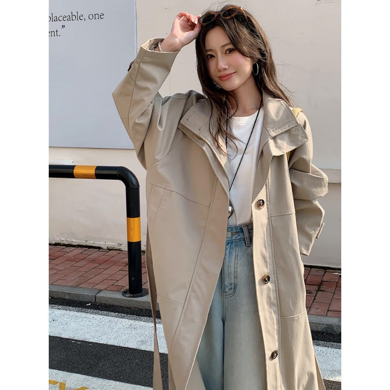 Damen Langer leichter Trenchcoat im Oversize-Stil mit geradem Schnitt und verdeckter Knopfleiste Echoarchiv