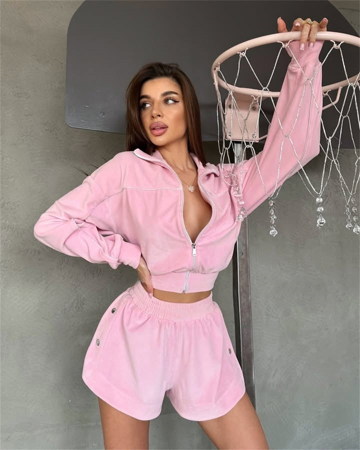 Damen nan kurzes Velours-Lounge-Set mit Cropped Zip-Hoodie und elastischer Highwaist-Shorts Echo Archiv