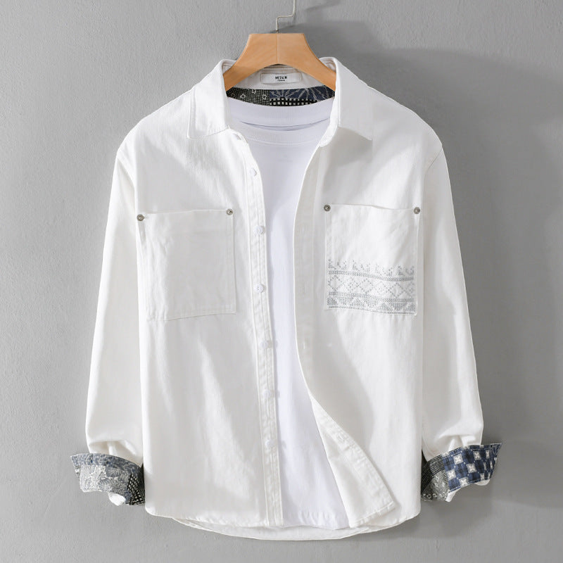 Herren Baumwoll-Overshirt mit Kontrastfutter, Brusttaschen und feiner Stickerei Echoarchiv