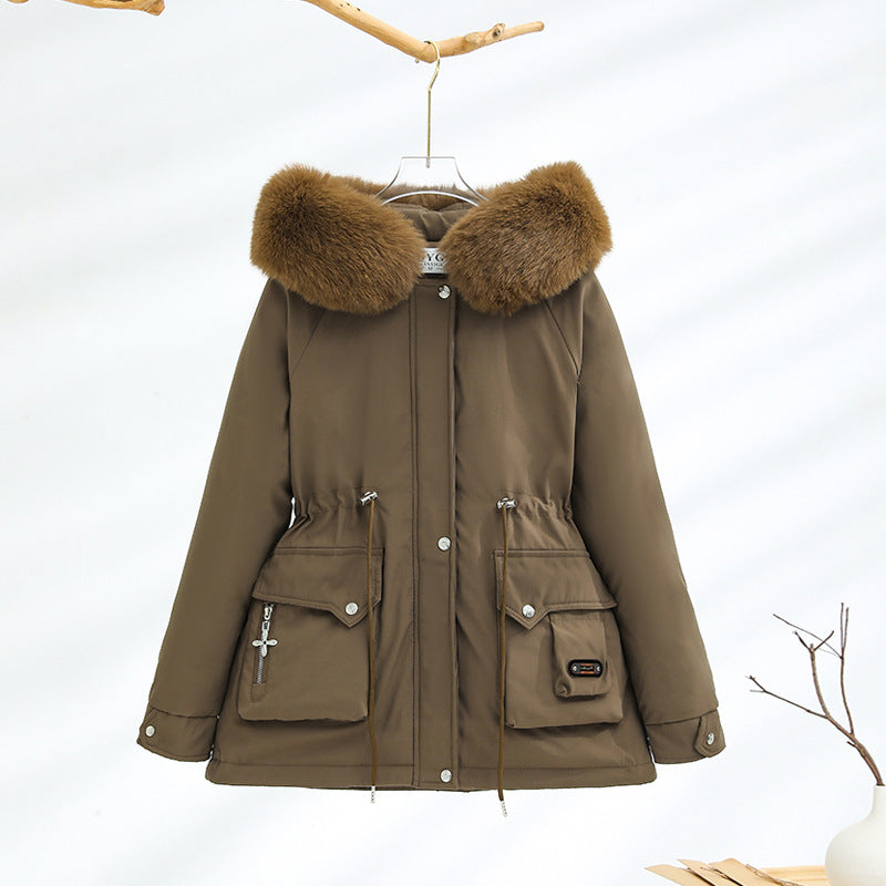 Damen kurzer Thermo-Parka mit voluminösem Schalkragen in Webpelzoptik und taillierendem Tunnelzug – Montévia