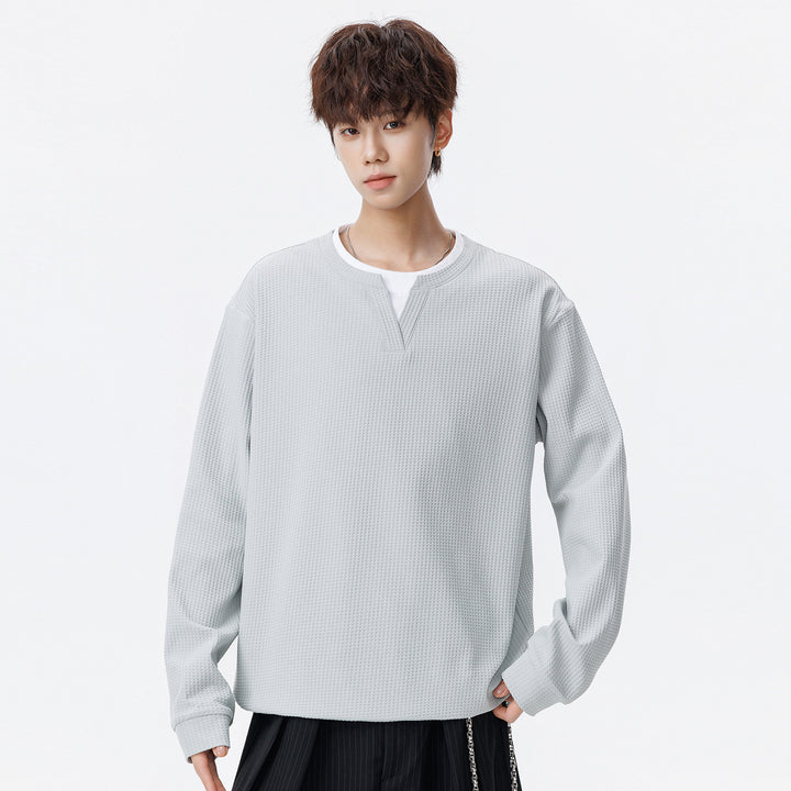 Herren Oversize Waffelstruktur-Langarmshirt mit V‑Einsatz und Layering-Optik Echo Archiv