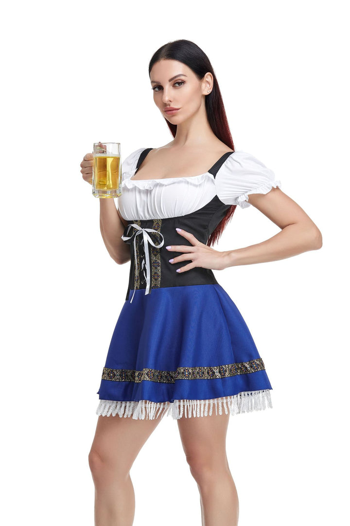 Damen traditionelles Dirndlkleid mit Spitzenärmeln Miederkorsage und geraffter Schürze – Élara