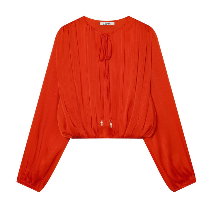 Damen Plissierte Cropped-Bluse mit Kordelzug und Ballonärmeln Echo Archiv