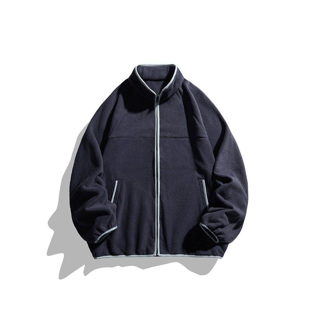 Unisex Oversize Fleecejacke mit Stehkragen, durchgehendem Reißverschluss und Kontrastpaspeln Echoarchiv