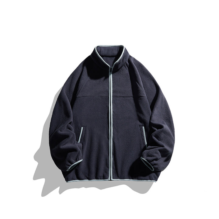 Unisex Oversize Fleecejacke mit Stehkragen, durchgehendem Reißverschluss und Kontrastpaspeln Echoarchiv