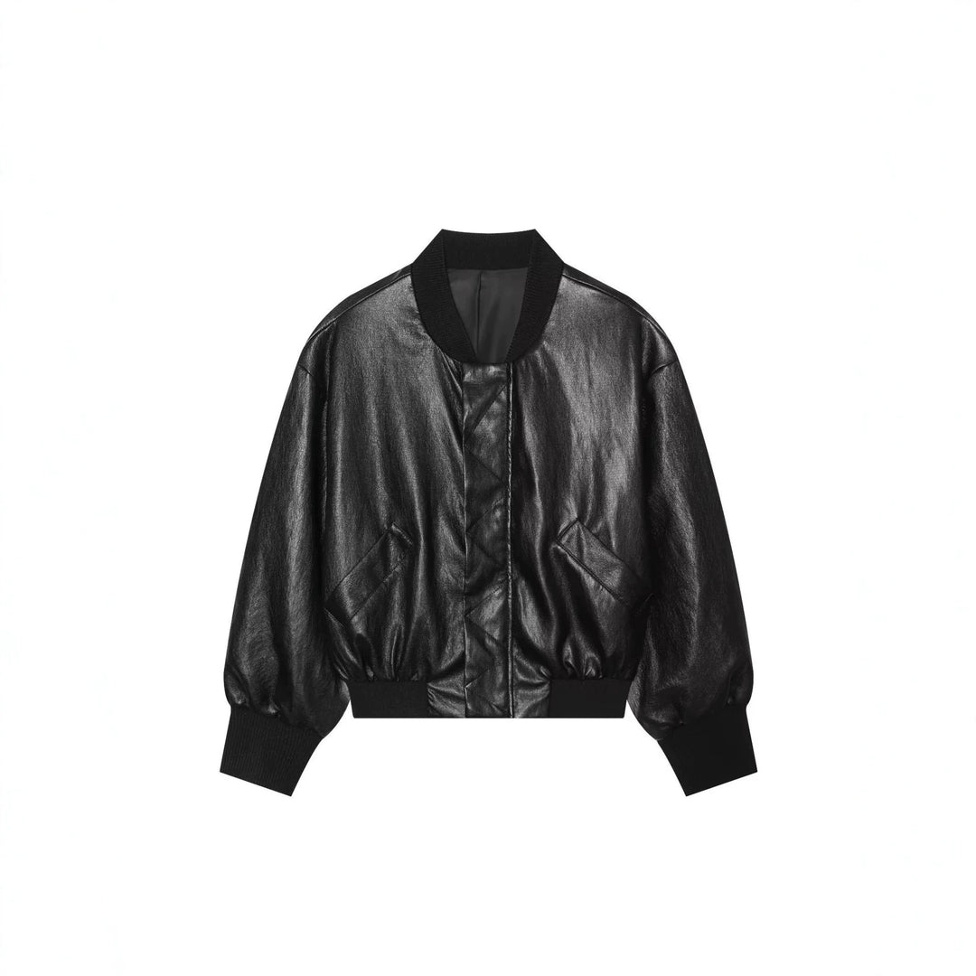 Damen Cropped Leder-Bomberjacke mit geripptem Saum und Pattentaschen Echoarchiv