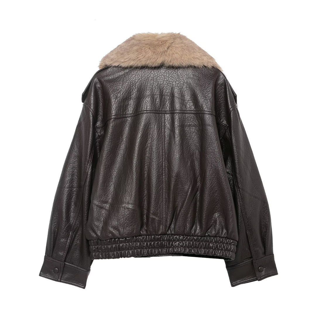 Damen Kurze Lederblousonjacke mit XXL-Fellkragen Echo Archiv
