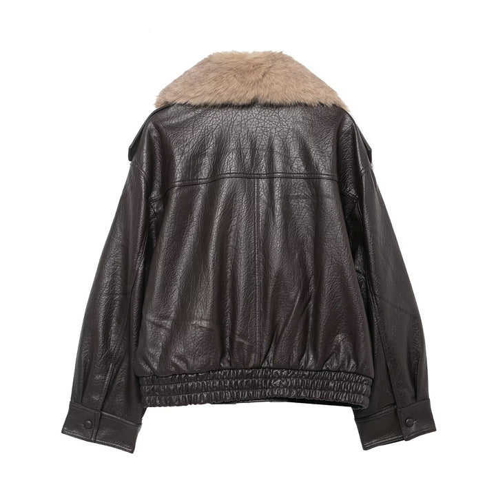 Damen Kurze Lederblousonjacke mit XXL-Fellkragen Echo Archiv