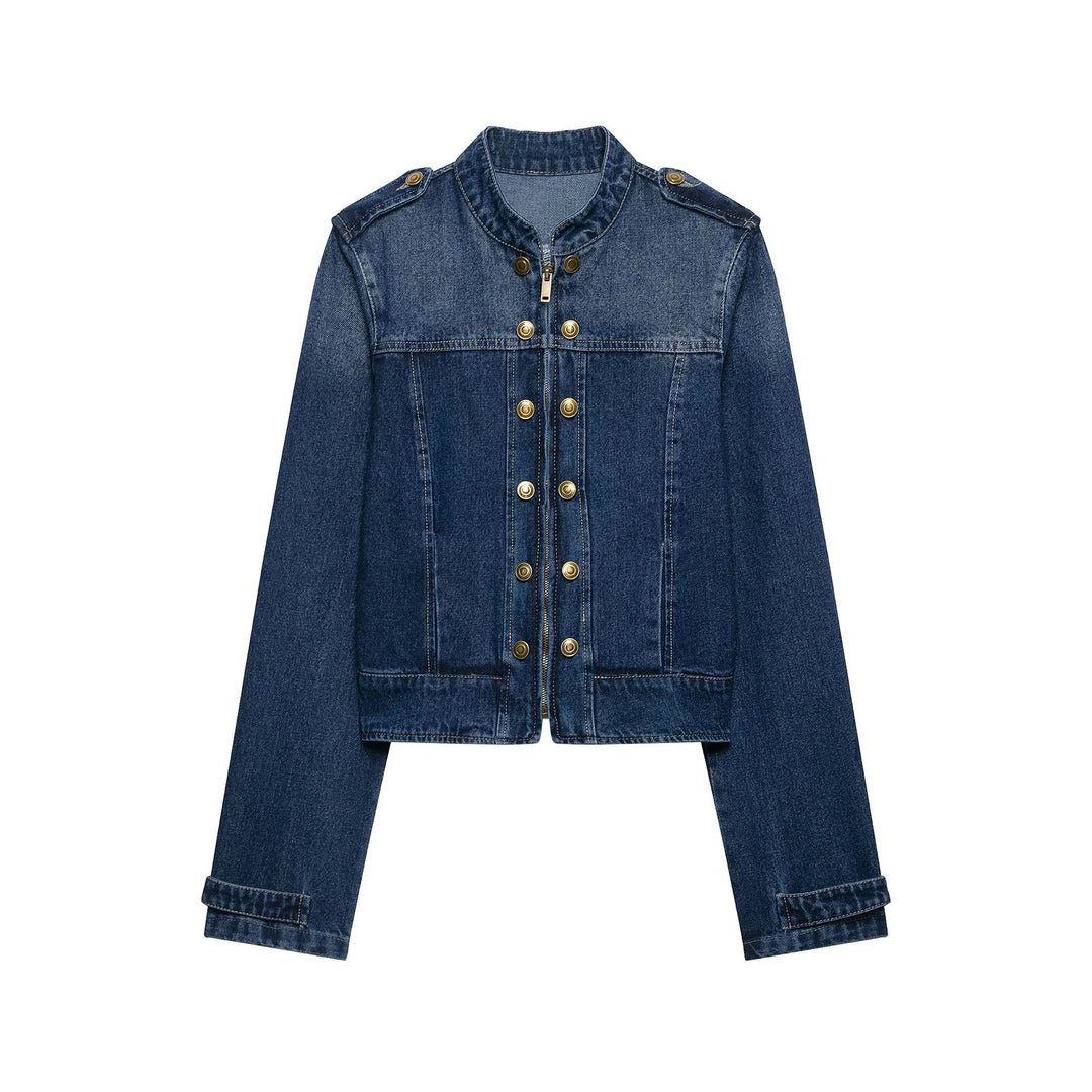 Damen Kurz geschnittene Jeansjacke im Military‑Stil mit Stehkragen Echo Archiv