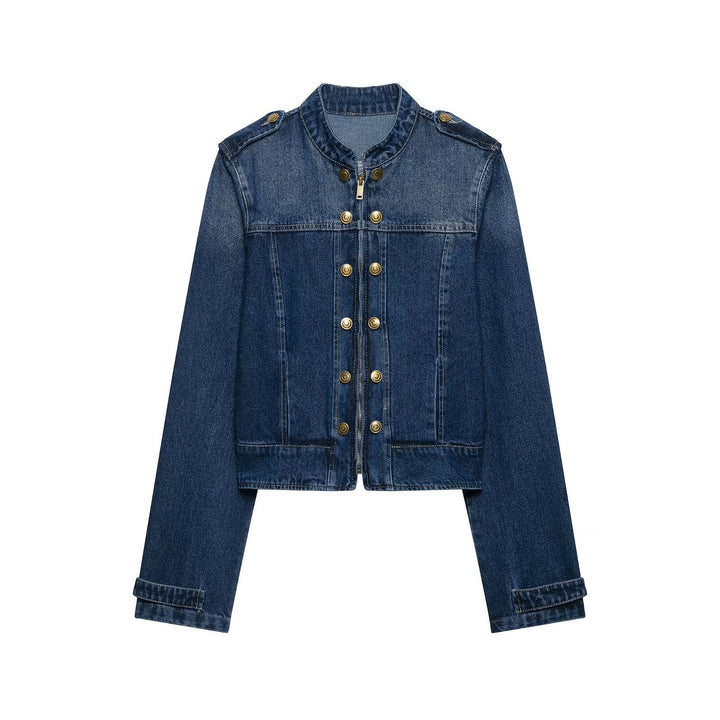 Damen Kurz geschnittene Jeansjacke im Military‑Stil mit Stehkragen Echo Archiv