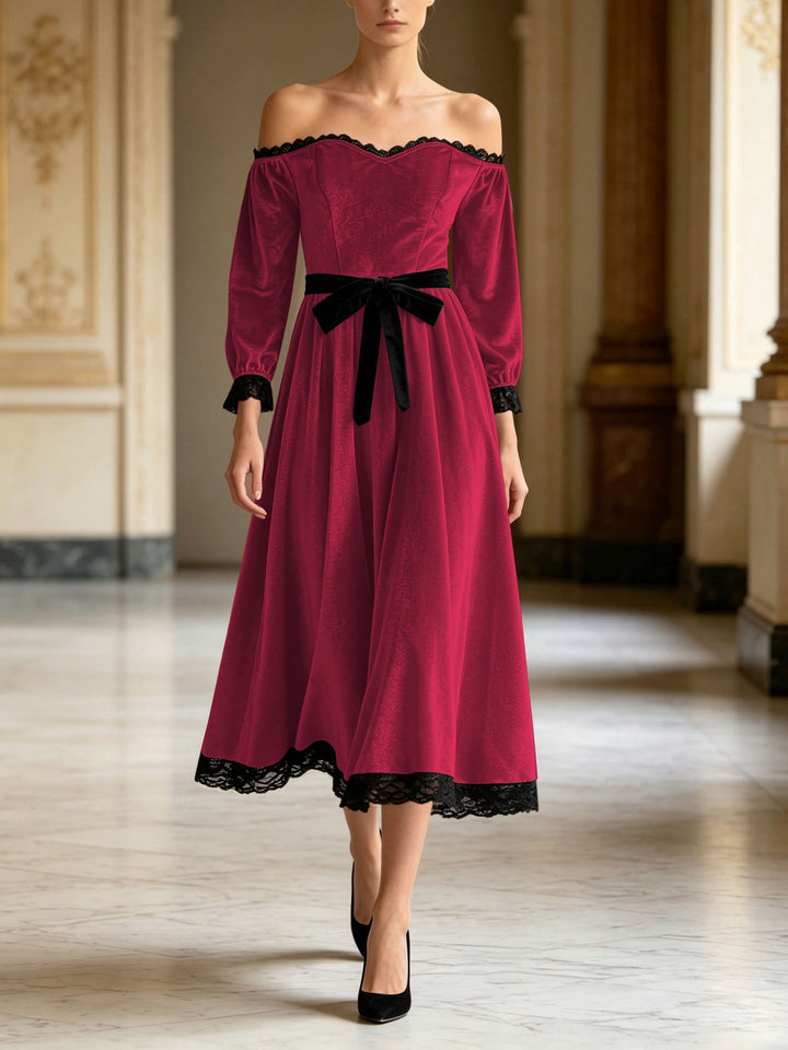 Damen Schulterfreies Samtkleid mit Spitzenbesatz, Samt-Taillengürtel und ausgestelltem Midirock Echoarchiv