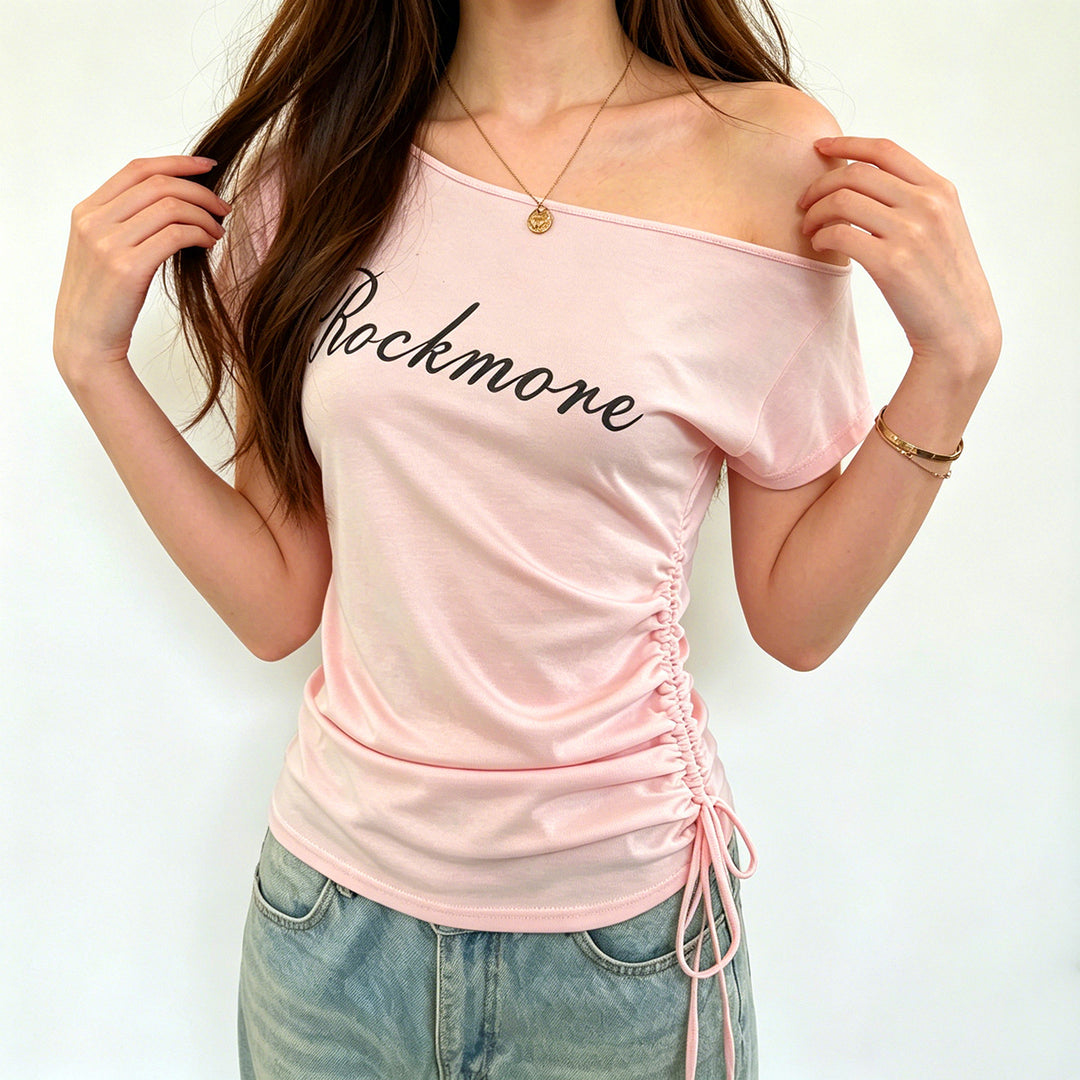 Damen Off-Shoulder T-Shirt mit Raffungen und modischem Schriftzug Echo Archiv