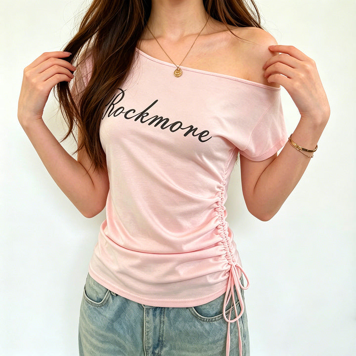 Damen Off-Shoulder T-Shirt mit Raffungen und modischem Schriftzug Echo Archiv