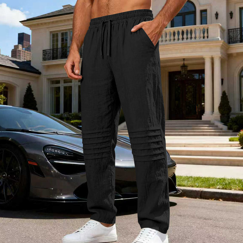 Herren Leinenoptik-Loungehose mit Tunnelzug elastischem Bund und abgesteppten Kniepanelen – Sorevano