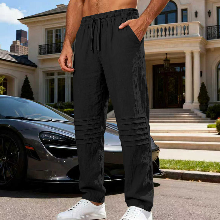 Herren Leinenoptik-Loungehose mit Tunnelzug elastischem Bund und abgesteppten Kniepanelen – Sorevano