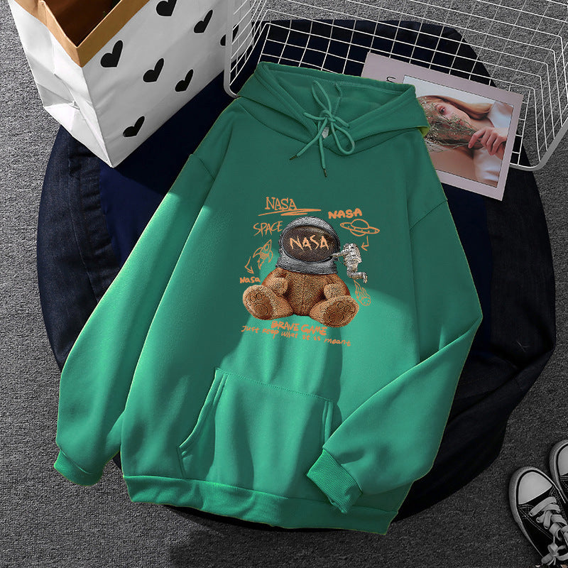 Damen lässiger Hoodie mit Astronauten‑Teddy‑Print, Kängurutasche und weichem Fleece-Innenfutter – Auréline