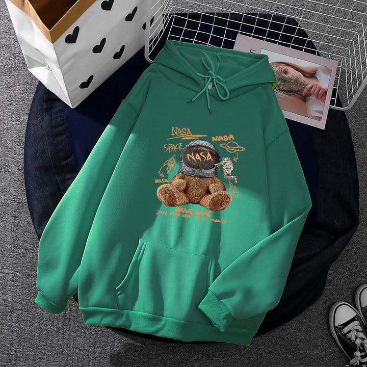 Damen lässiger Hoodie mit Astronauten‑Teddy‑Print, Kängurutasche und weichem Fleece-Innenfutter – Auréline