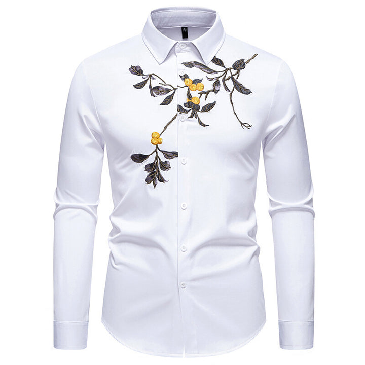 Herren elegantes Langarmhemd mit floraler Stickerei Echoarchiv