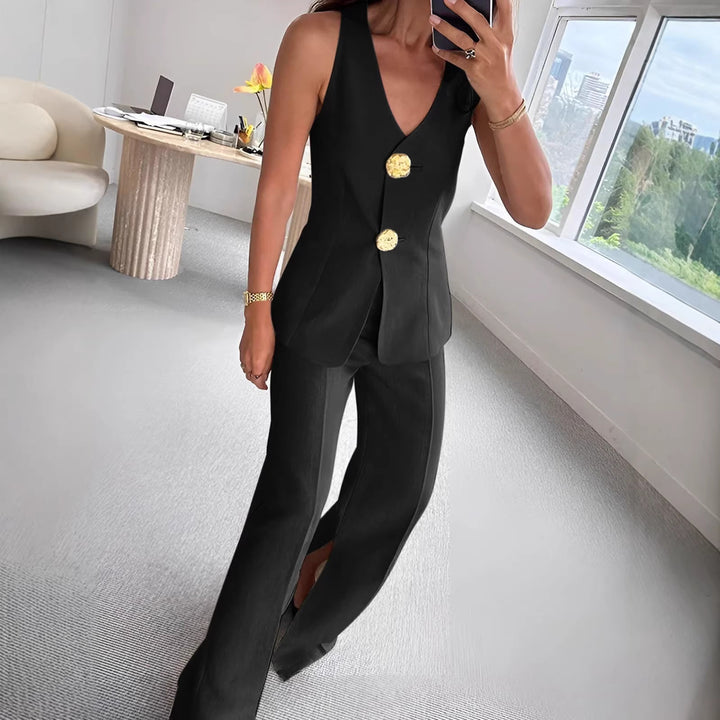 Damen elegantes Jumpsuit mit vordere Knopfleiste und weitem Bein Echo Archiv